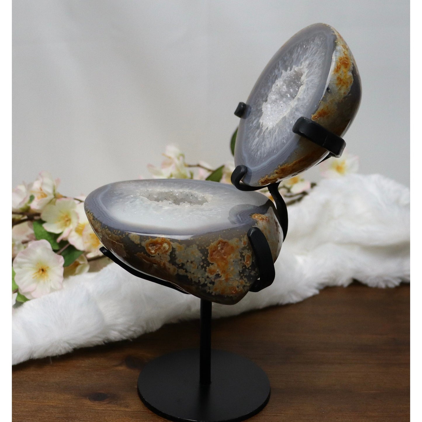 Druzy Agate Geode Pair on Custom Metal Stand from Brazil