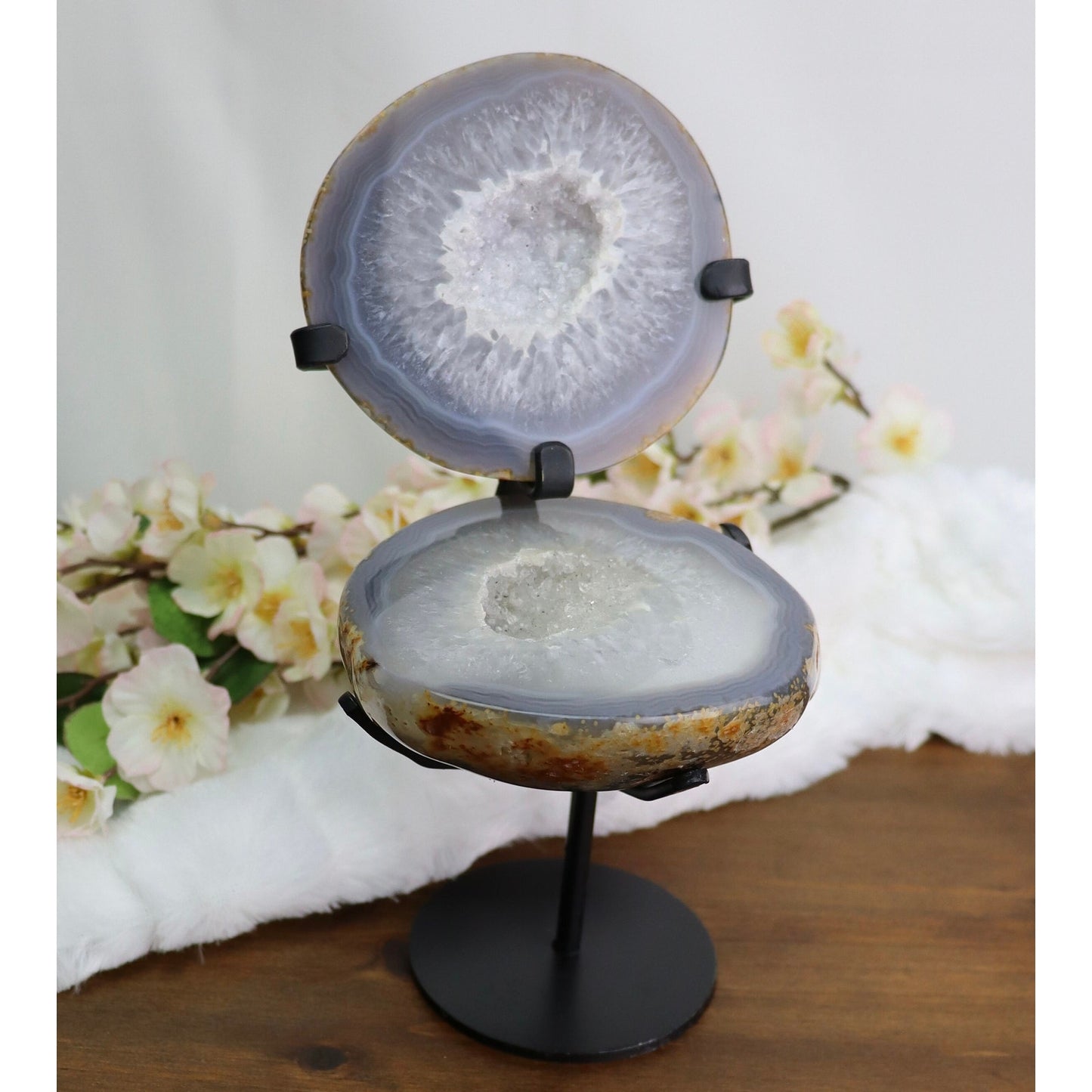 Druzy Agate Geode Pair on Custom Metal Stand from Brazil