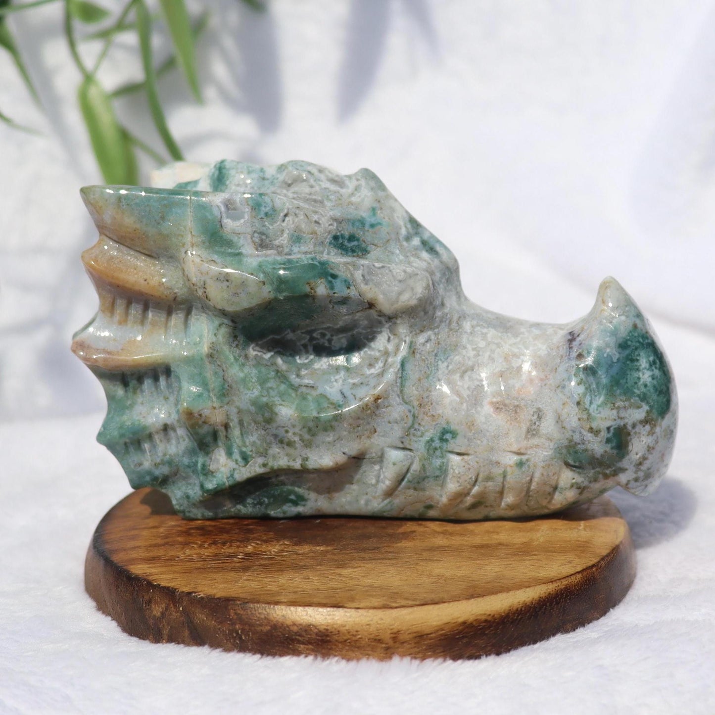 Moss Agate Dragon Head Crystal Carving