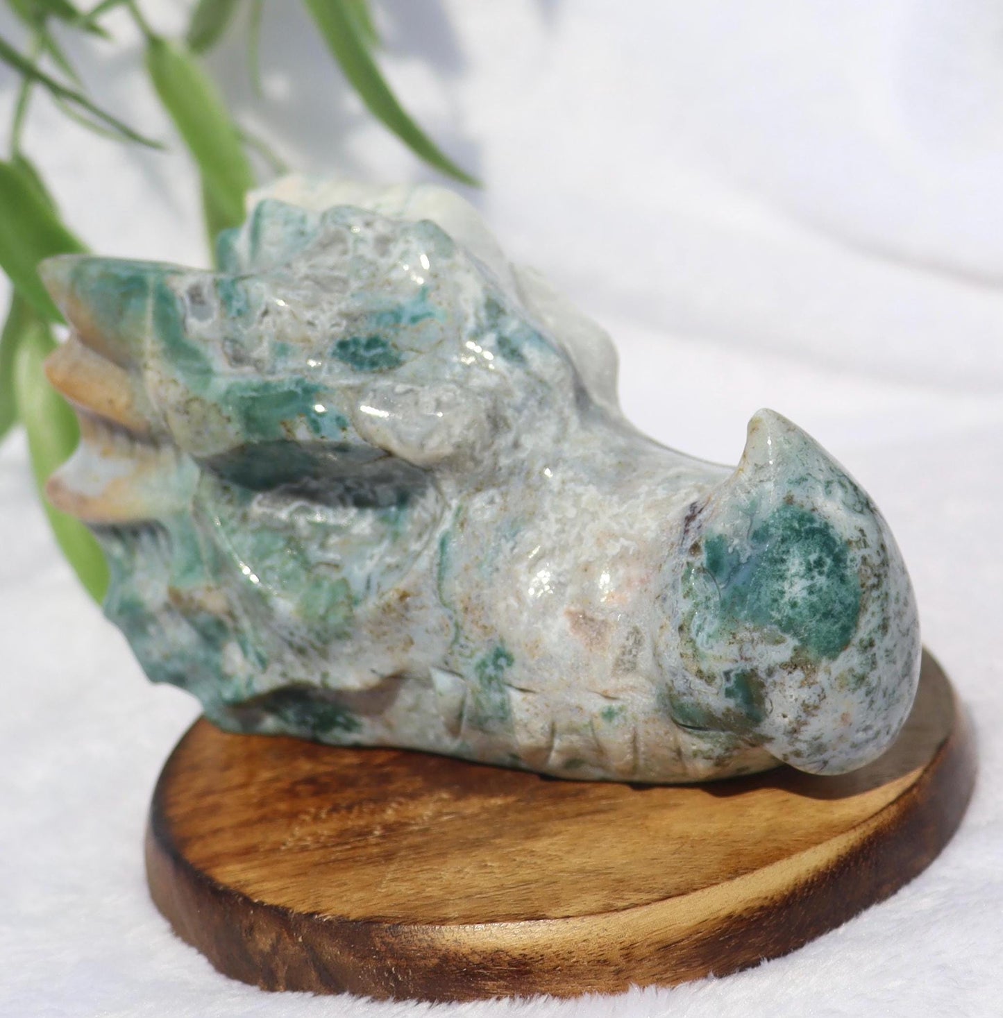 Moss Agate Dragon Head Crystal Carving