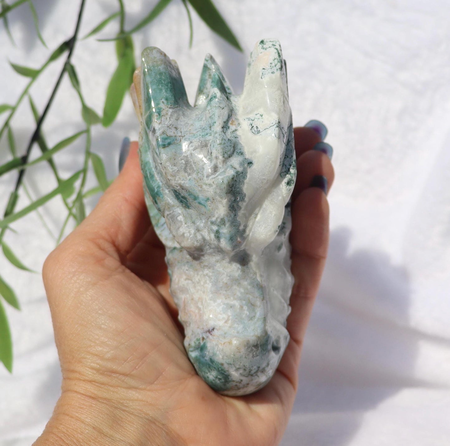 Moss Agate Dragon Head Crystal Carving