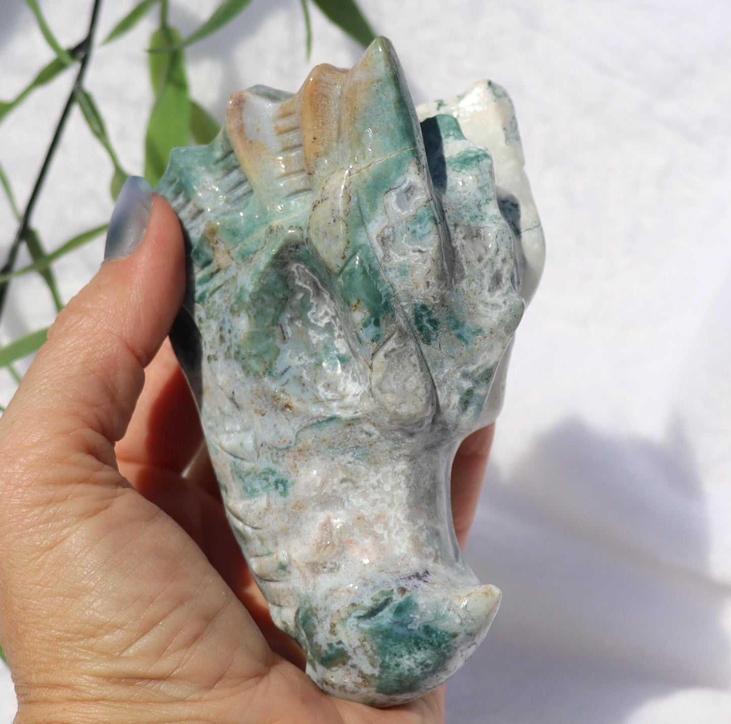 Moss Agate Dragon Head Crystal Carving