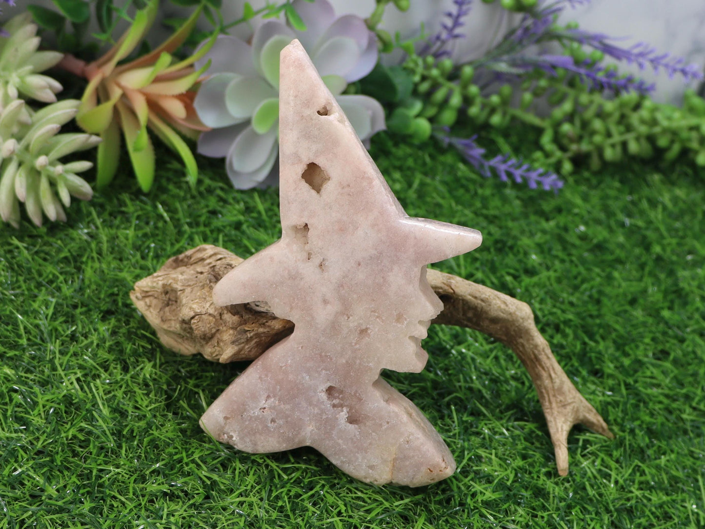 Druzy Pink Amethyst Witch Carving