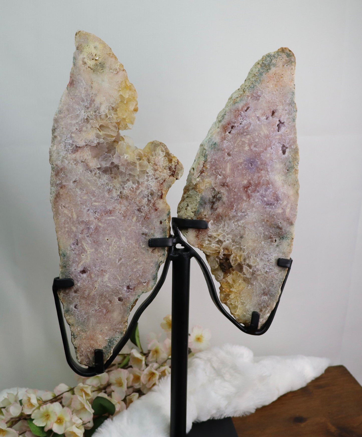 Large Pink Amethyst Butterfly Wings on Metal Stand from Brazil