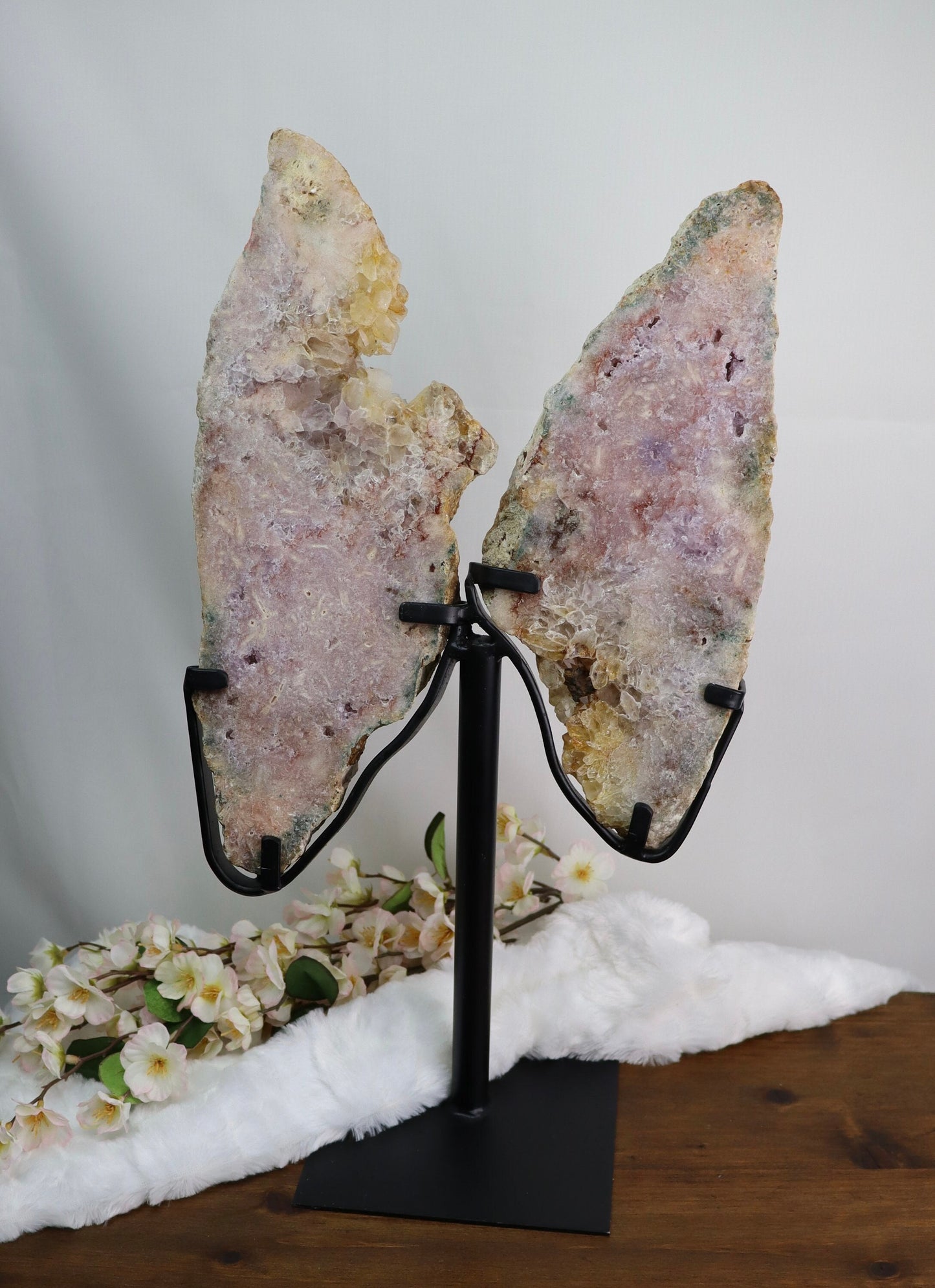 Large Pink Amethyst Butterfly Wings on Metal Stand from Brazil