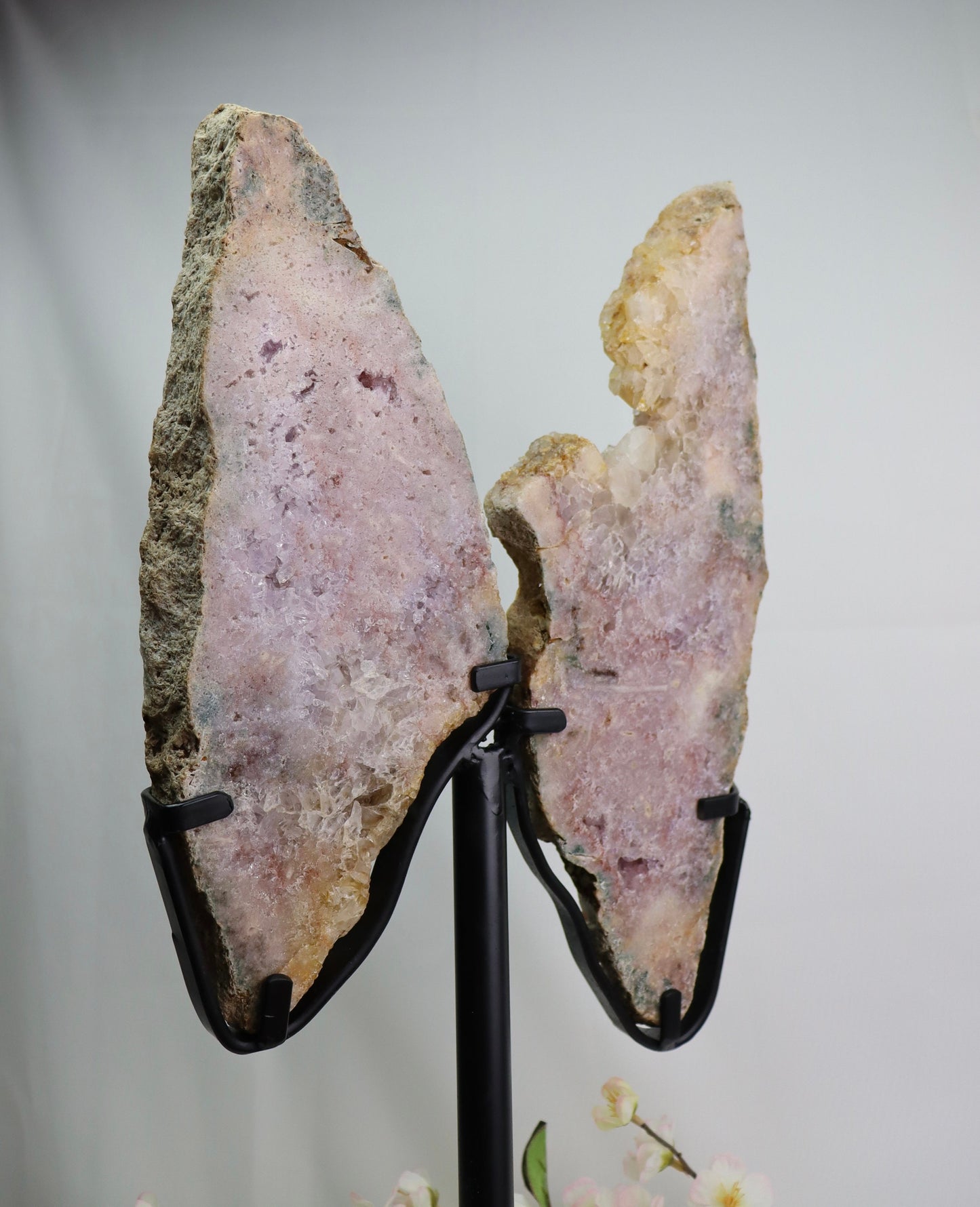 Large Pink Amethyst Butterfly Wings on Metal Stand from Brazil