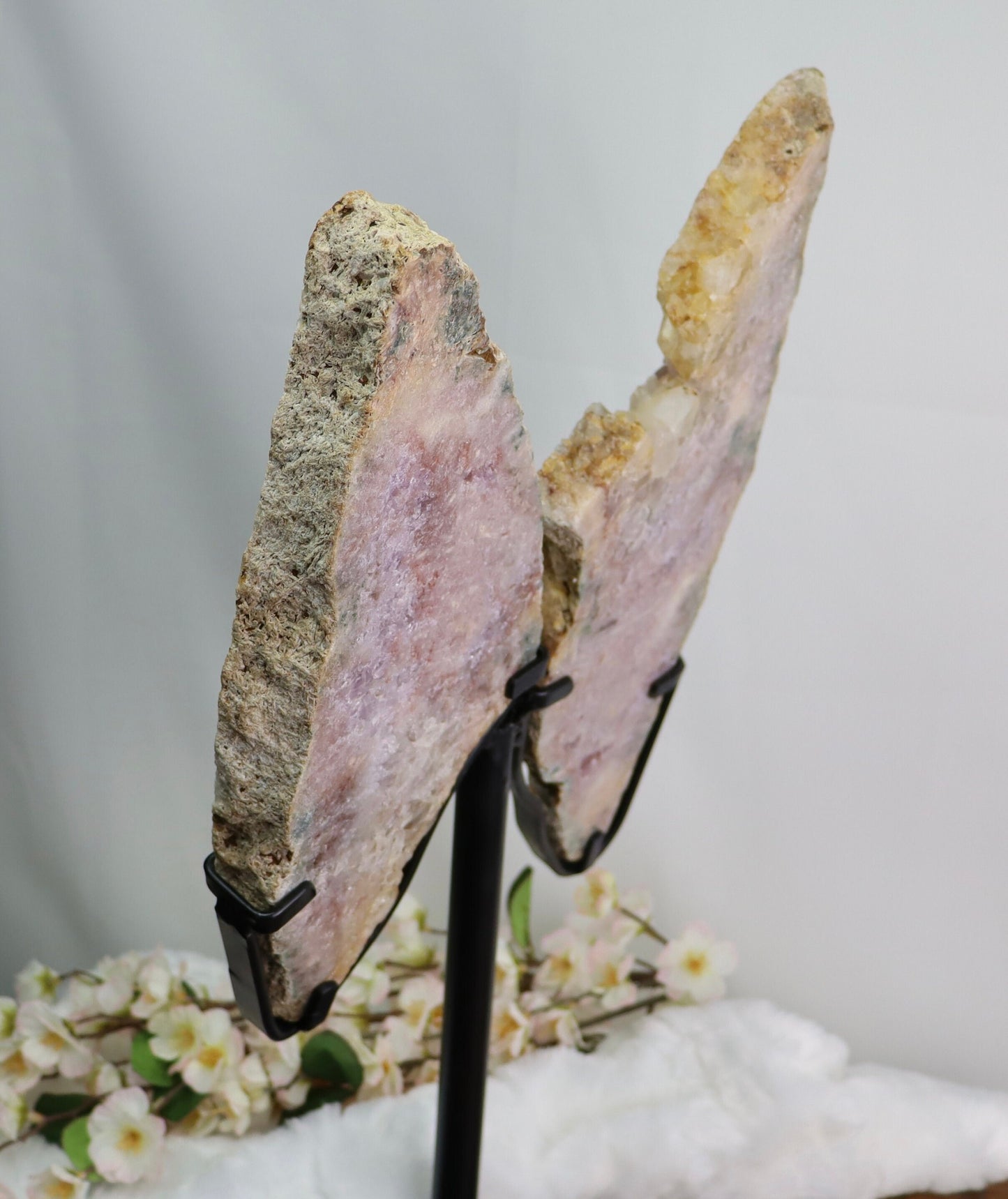 Large Pink Amethyst Butterfly Wings on Metal Stand from Brazil