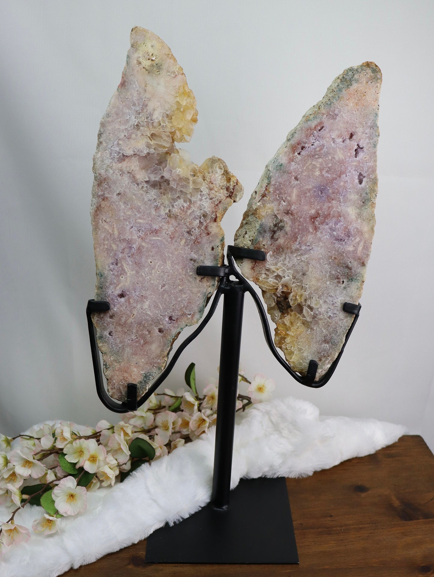 Large Pink Amethyst Butterfly Wings on Metal Stand from Brazil