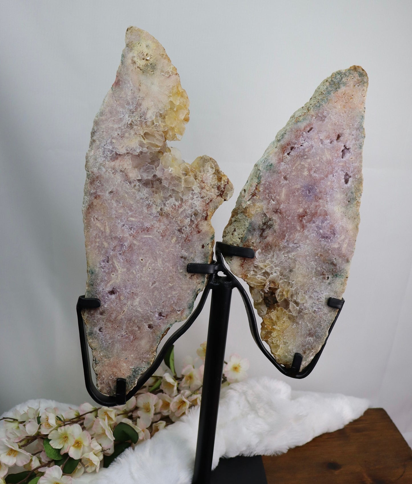 Large Pink Amethyst Butterfly Wings on Metal Stand from Brazil