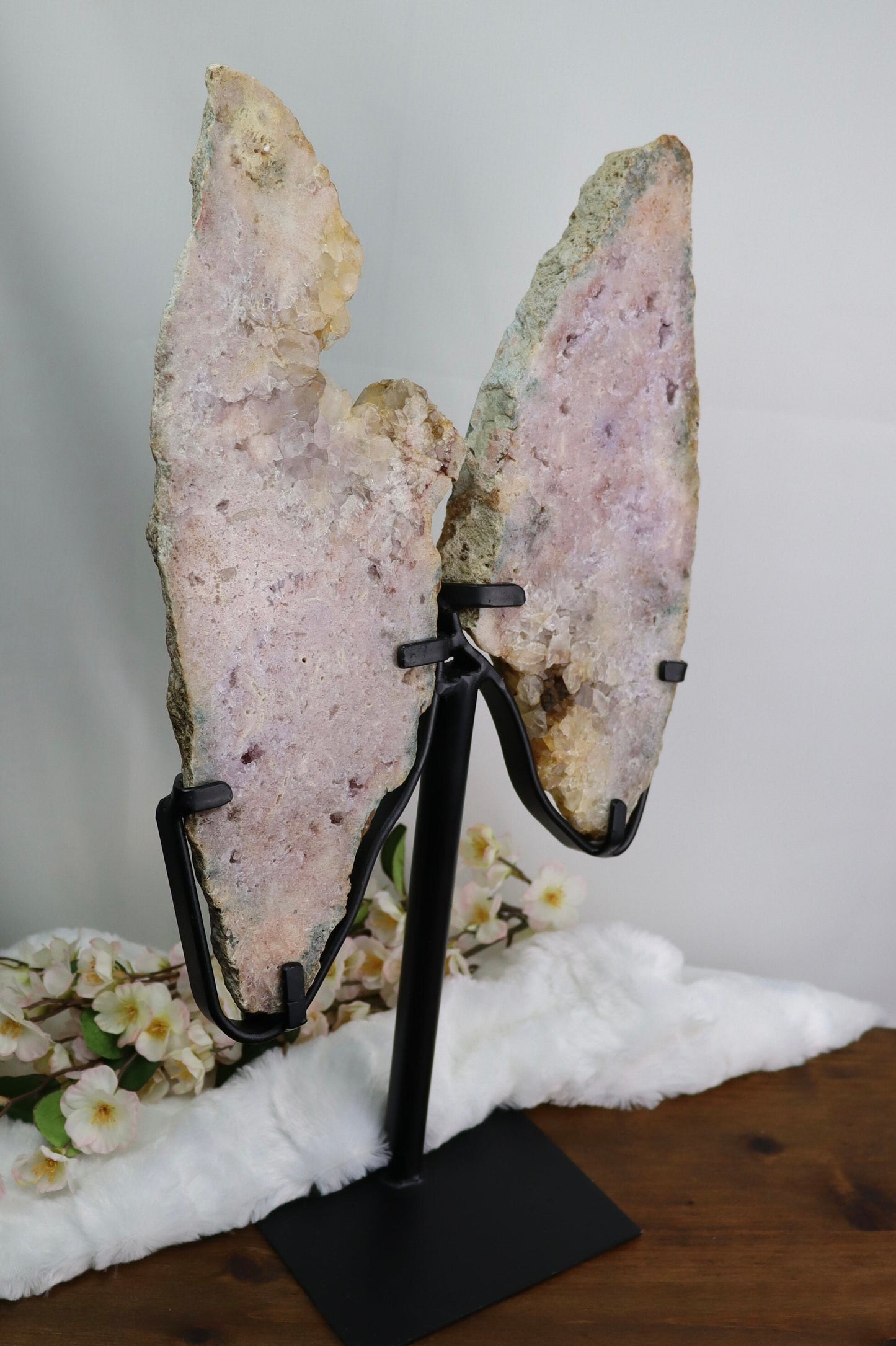 Large Pink Amethyst Butterfly Wings on Metal Stand from Brazil