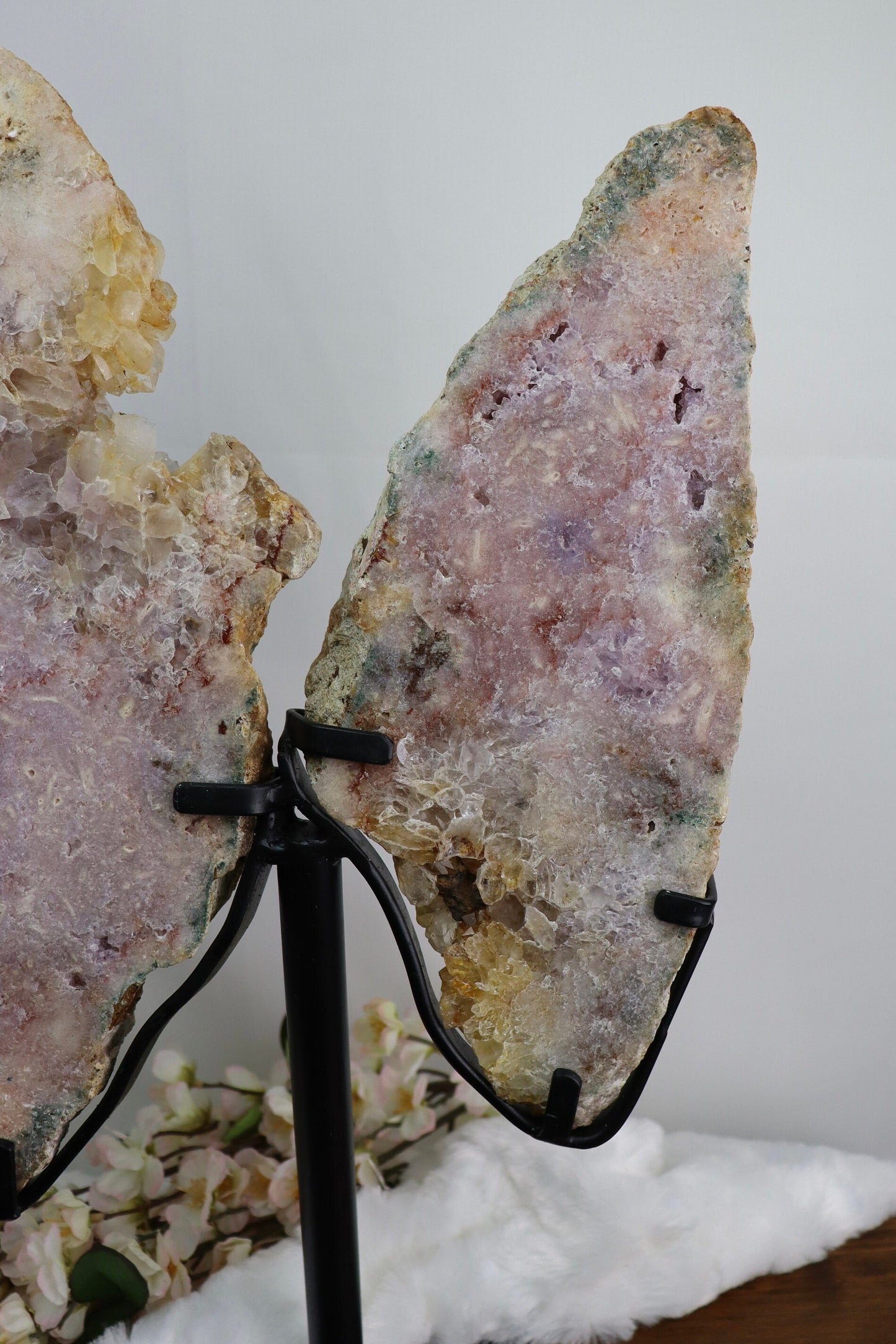 Large Pink Amethyst Butterfly Wings on Metal Stand from Brazil