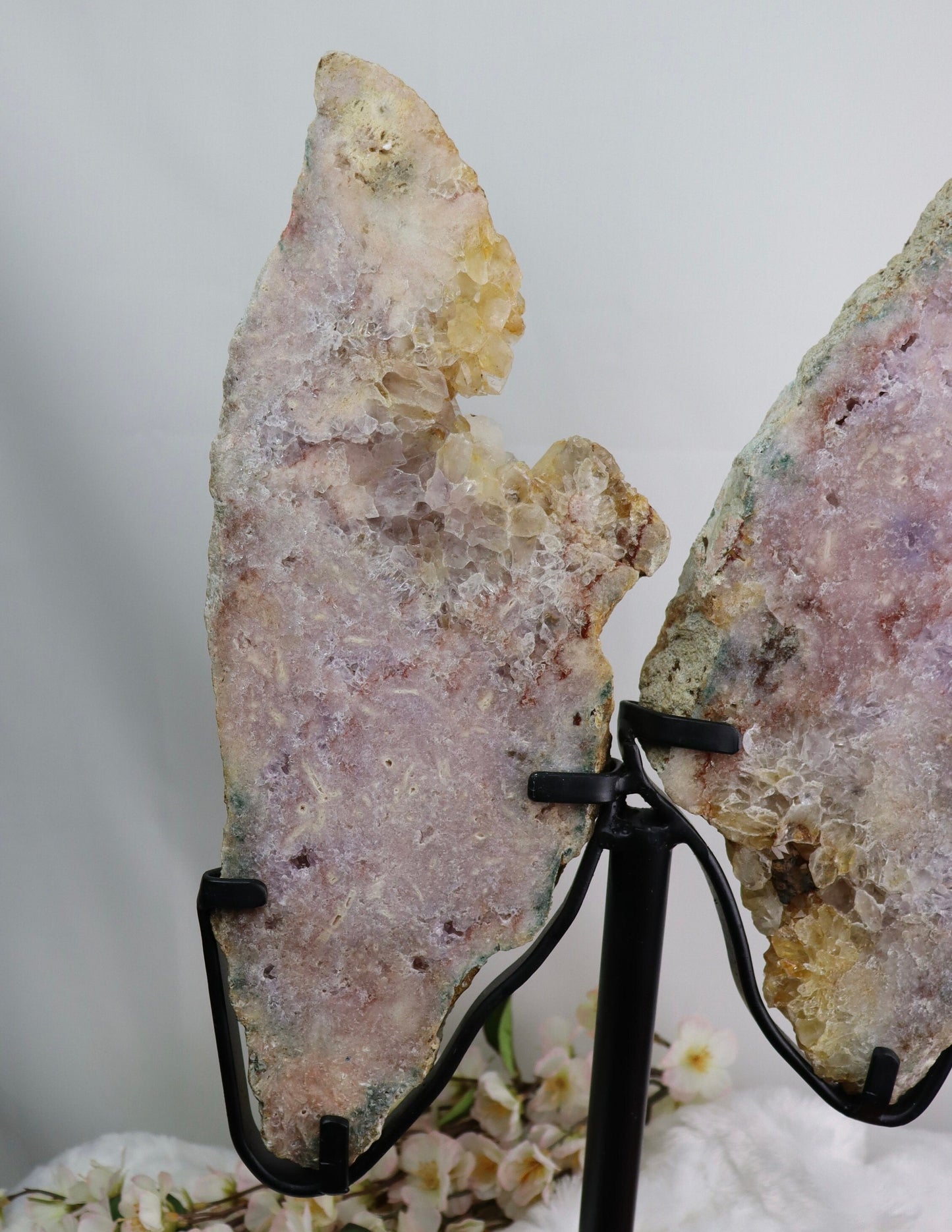Large Pink Amethyst Butterfly Wings on Metal Stand from Brazil