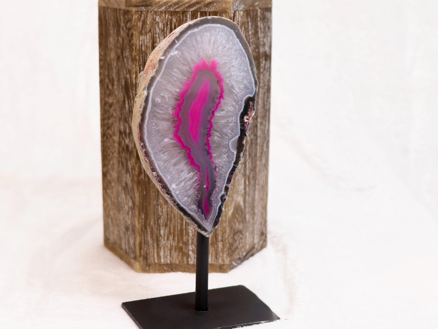 Pink Dyed Agate Geode Half with Quartz on Stand