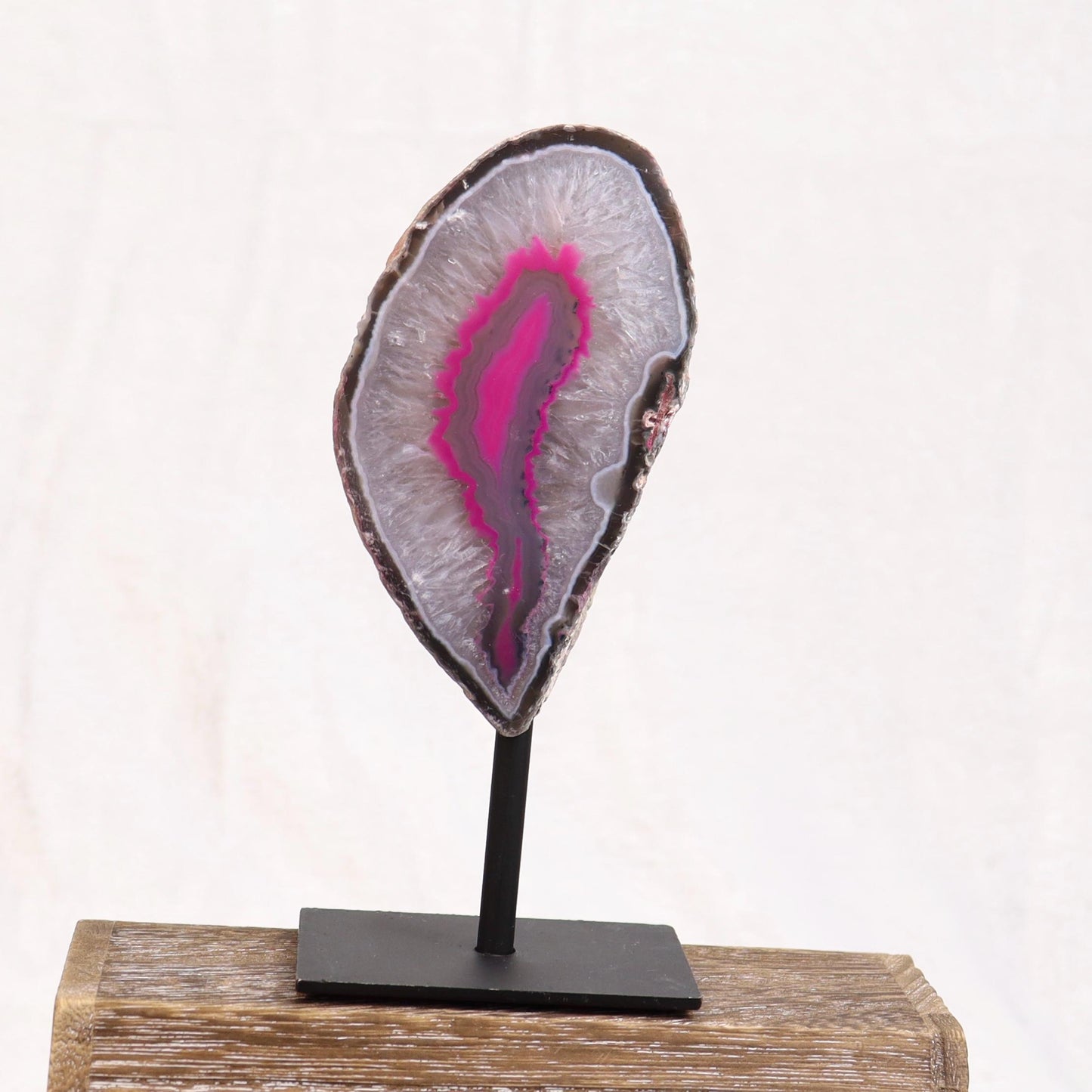 Pink Dyed Agate Geode Half with Quartz on Stand