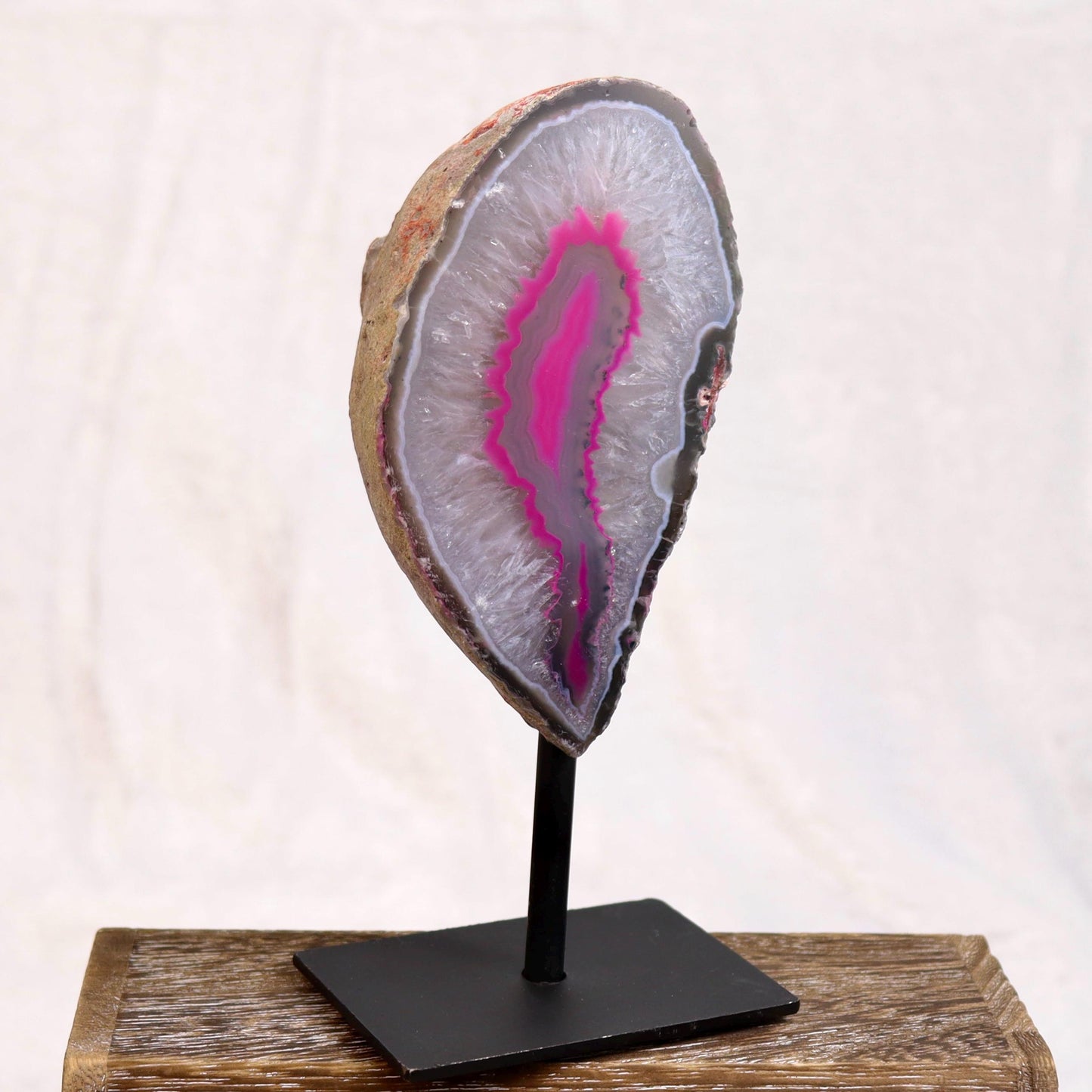 Pink Dyed Agate Geode Half with Quartz on Stand