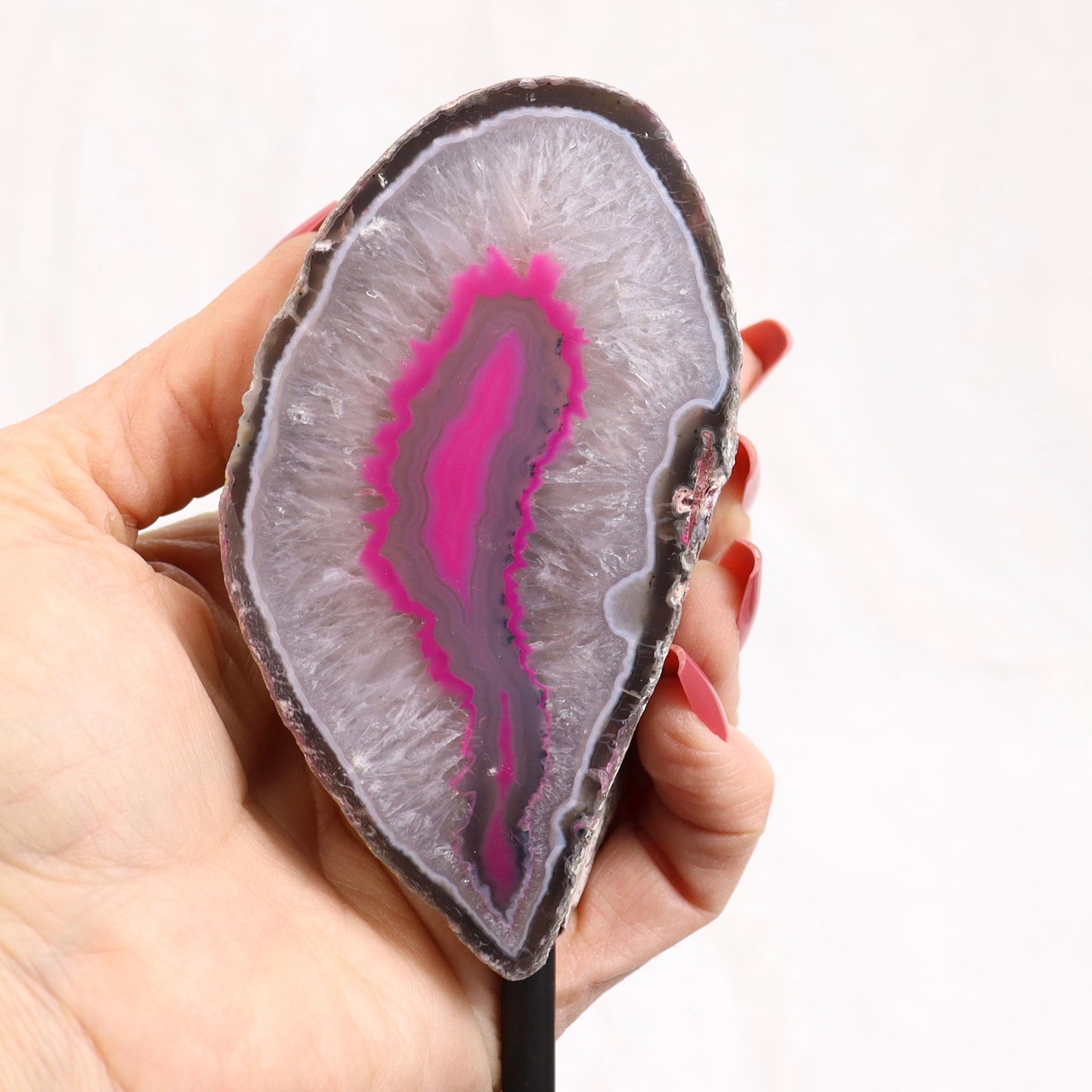 Pink Dyed Agate Geode Half with Quartz on Stand