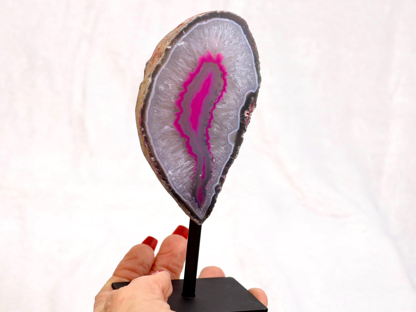 Pink Dyed Agate Geode Half with Quartz on Stand