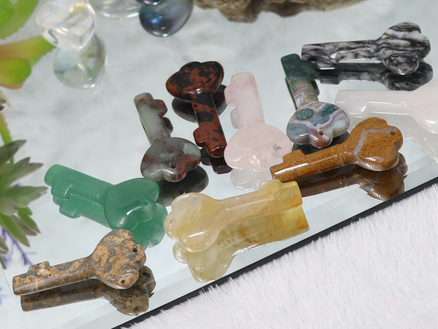 Crystal Gemstone Key Carvings, Stone Carved Skeleton Keys, Crazy Lace Agate, Green Aventurine, Mahogany Obsidian, Moss Agate, etc-You Choose