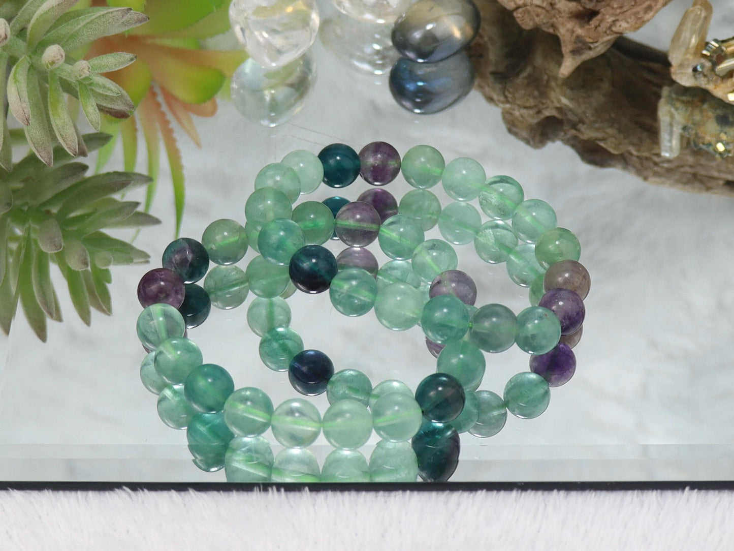 Rainbow Fluorite 10 mm Beaded Crystal Stretch Bracelet - Natural Stone Jewelry