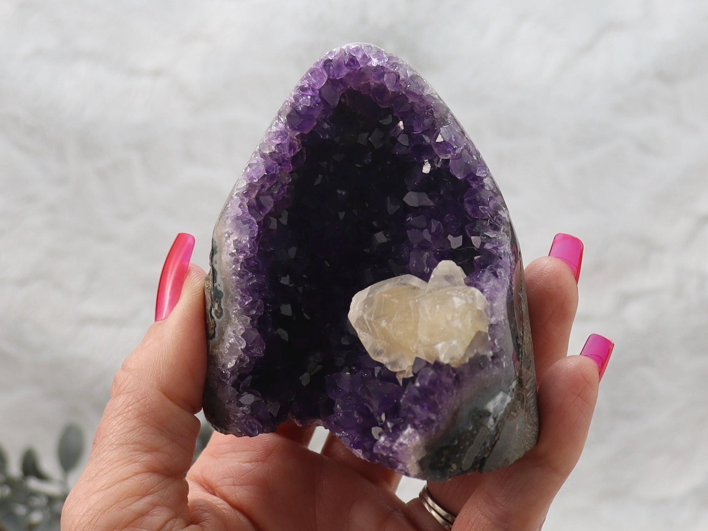 Dark Purple Amethyst Cut Base Crystal Cluster with Calcite from Brazil