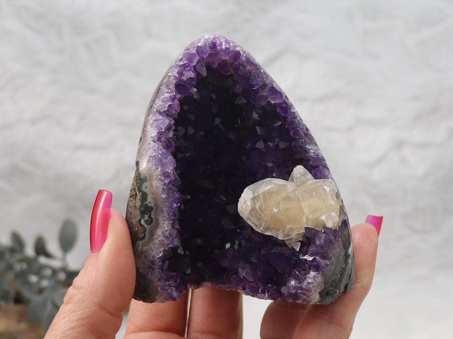 Dark Purple Amethyst Cut Base Crystal Cluster with Calcite from Brazil