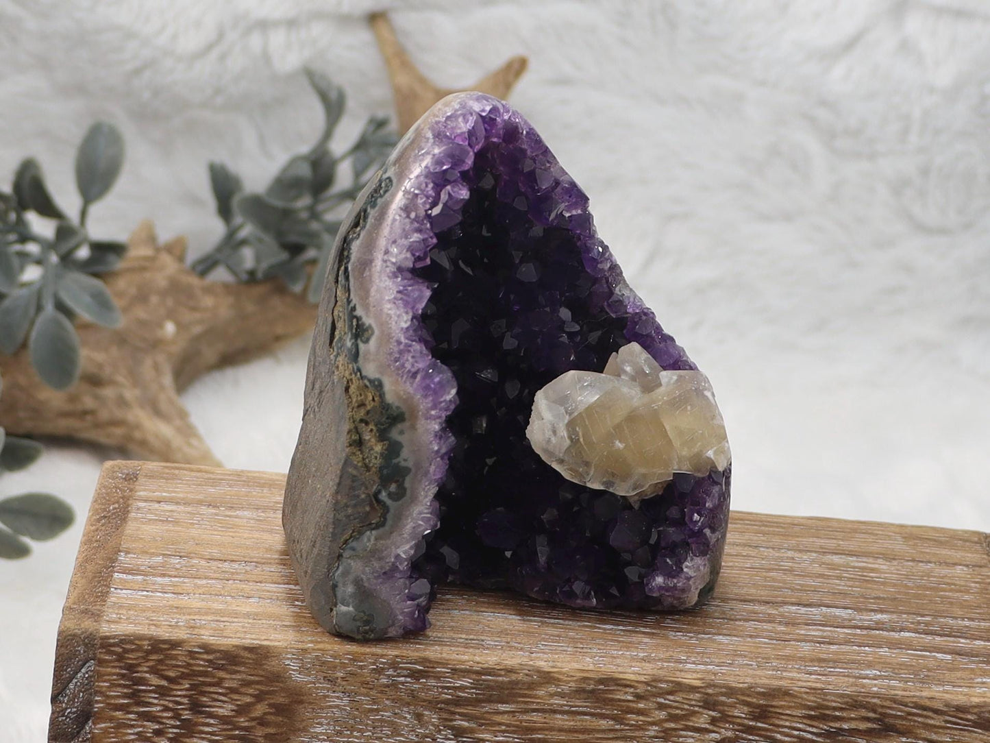 Dark Purple Amethyst Cut Base Crystal Cluster with Calcite from Brazil