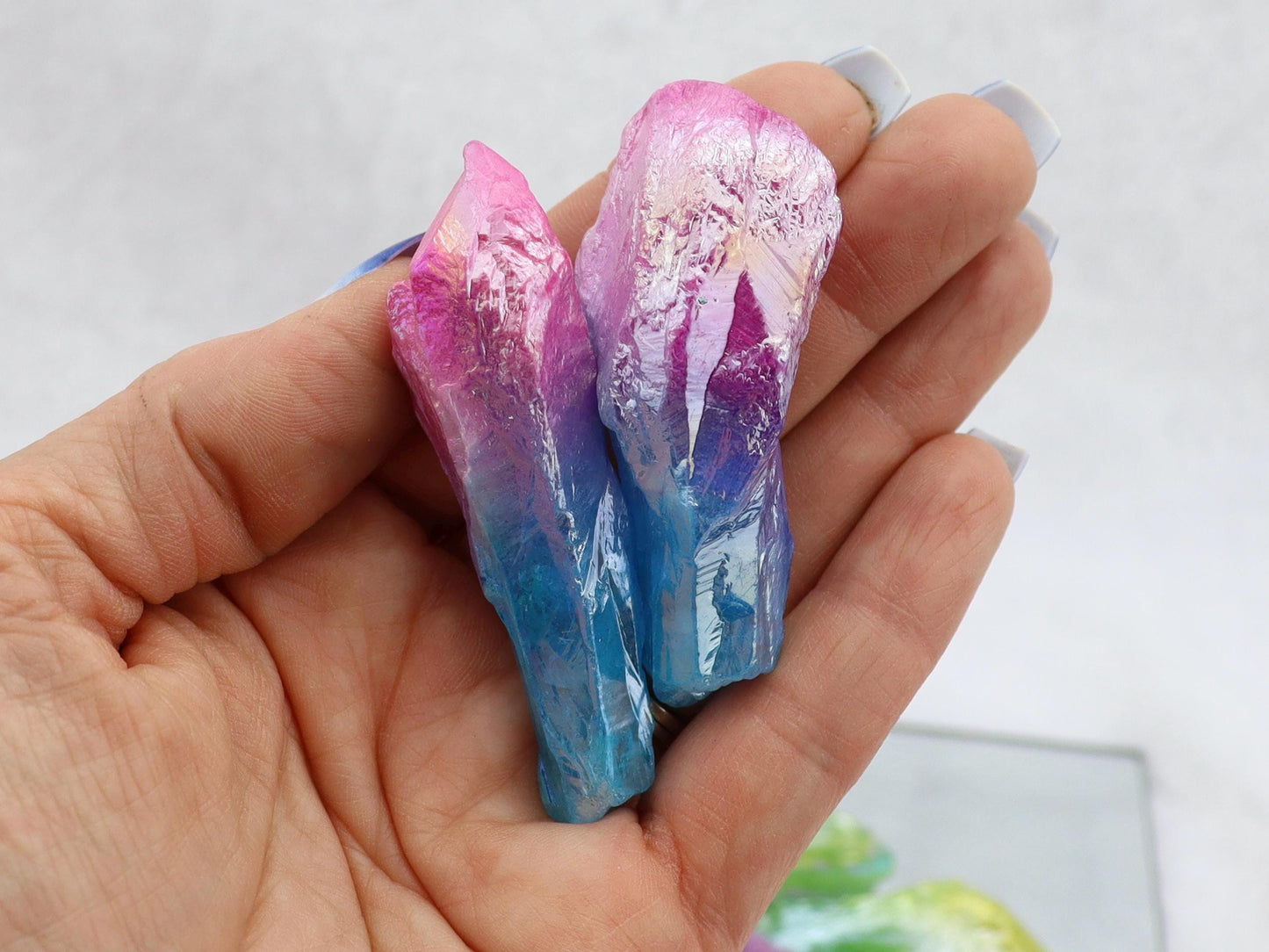 Rainbow Aura Quartz Crystal: Pink, Blue, and Green
