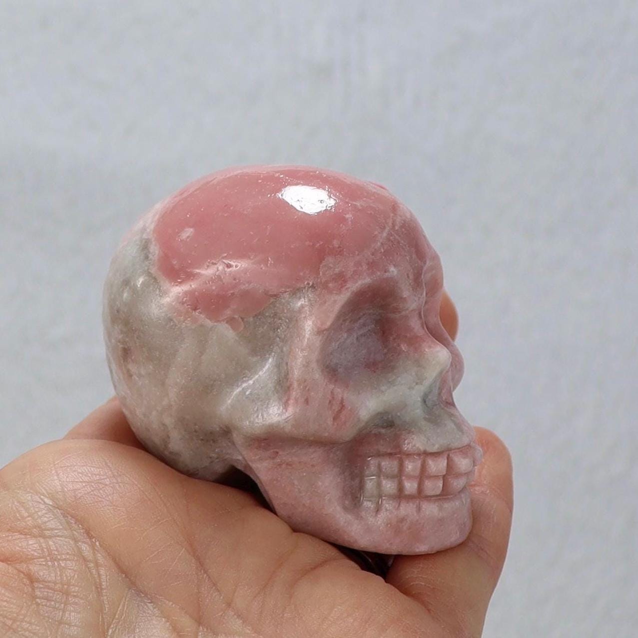 Pink Opal Skull Carving - Pink Skull Decor - Natural Stone Decor