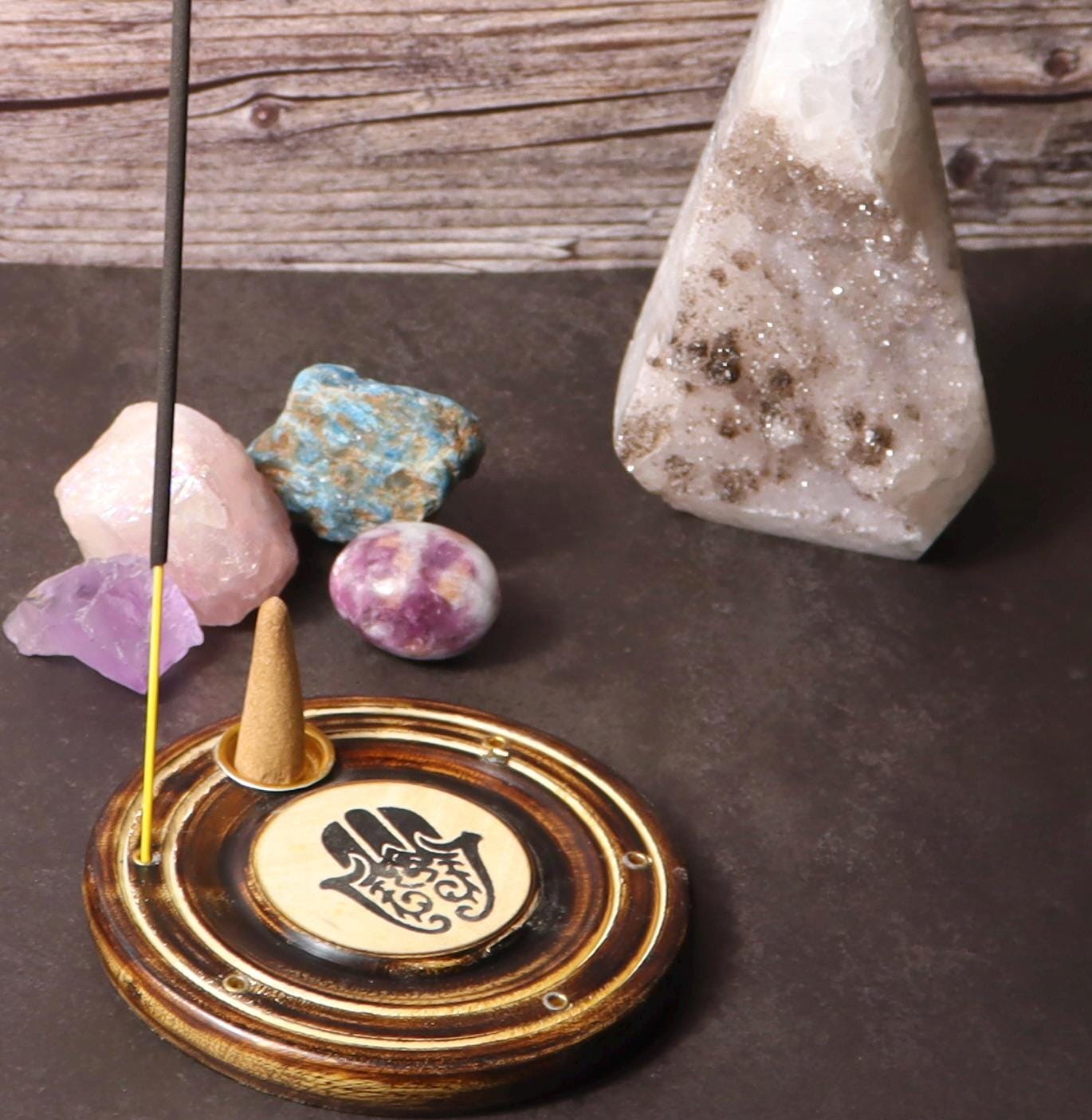 Round Wooden Hamsa Incense Stick and Cone Burner