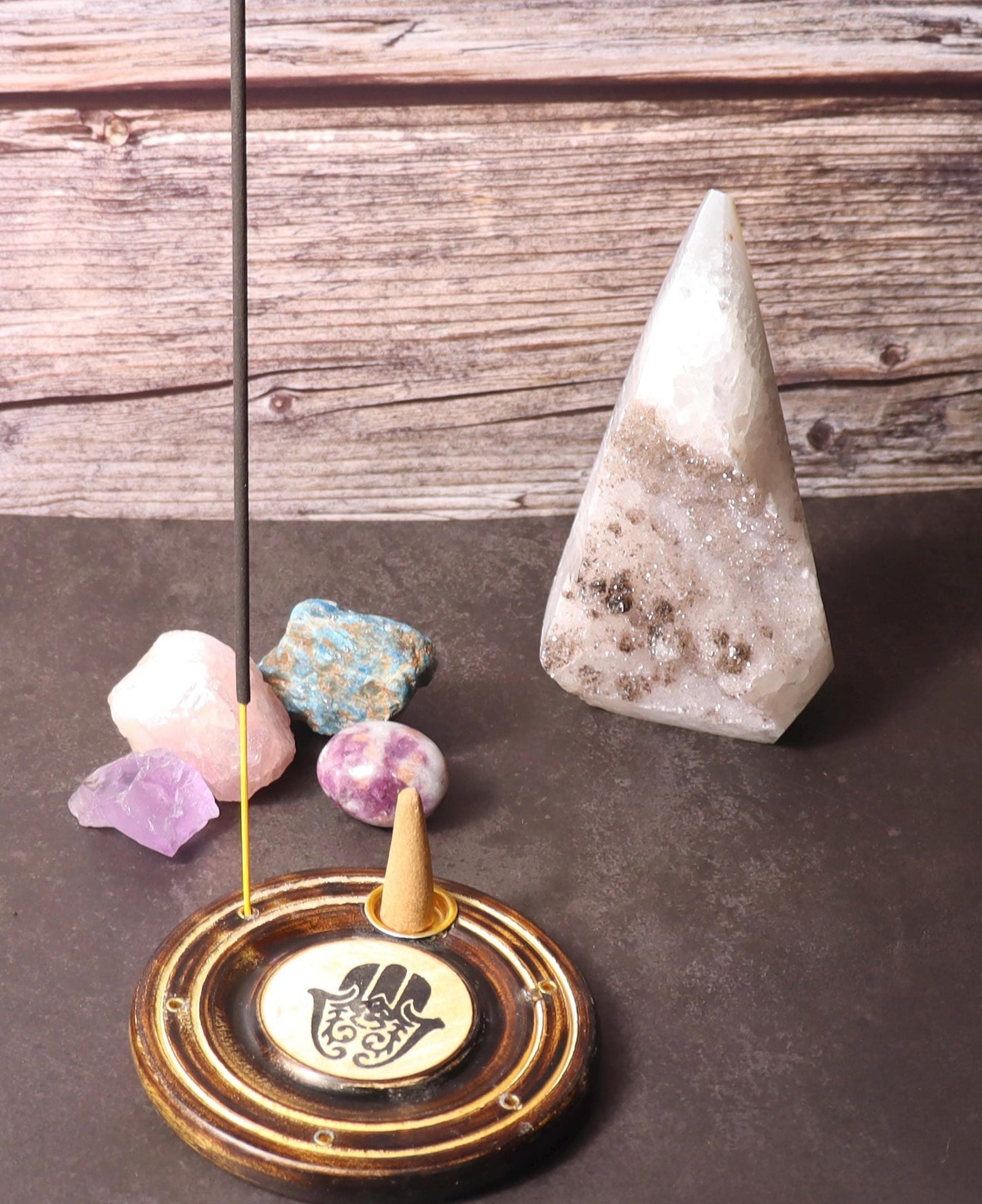 Round Wooden Hamsa Incense Stick and Cone Burner