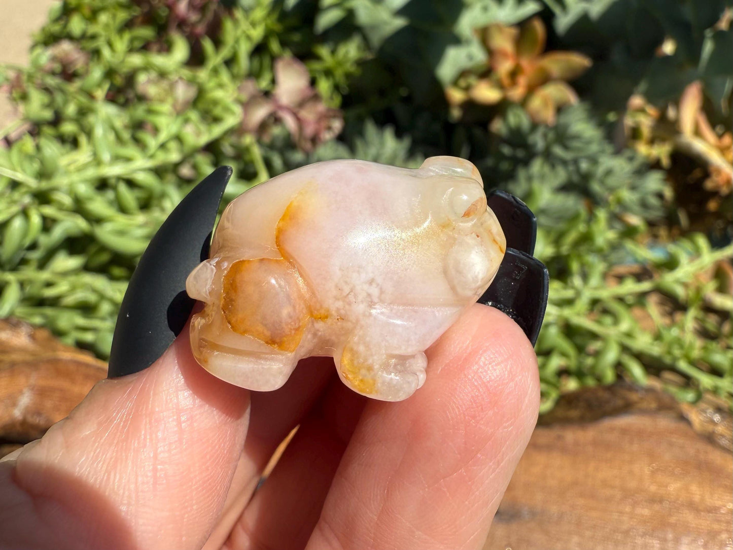 Mini Flower Agate Frog Carving