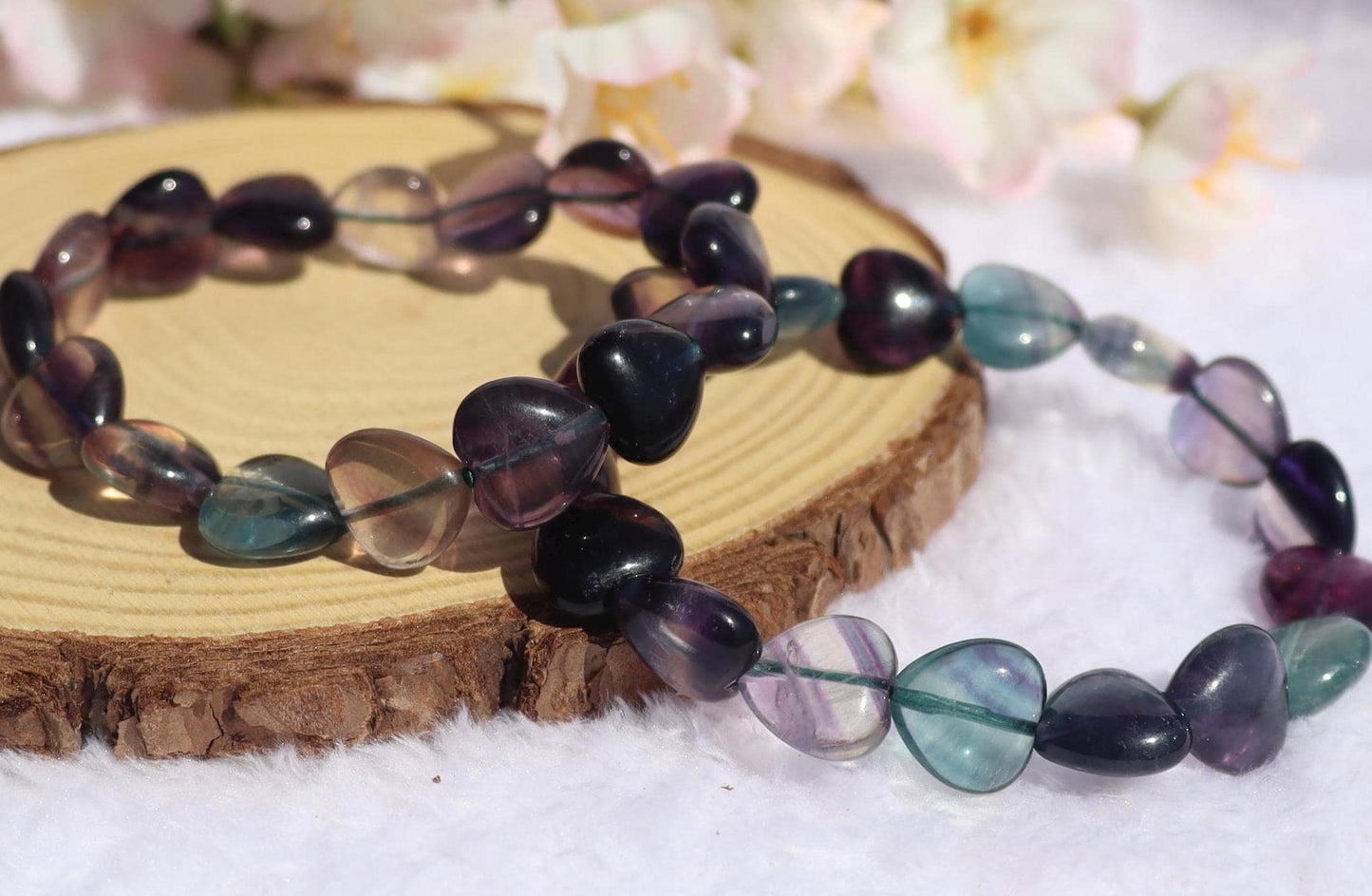 Rainbow Fluorite Heart Shaped Beaded Stretch Bracelet - Natural Stone Jewelry
