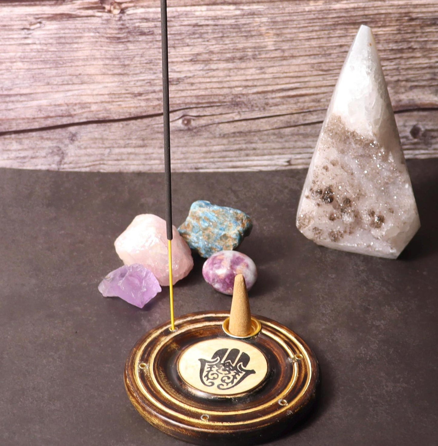 Round wooden hamsa incense stick and cone burner