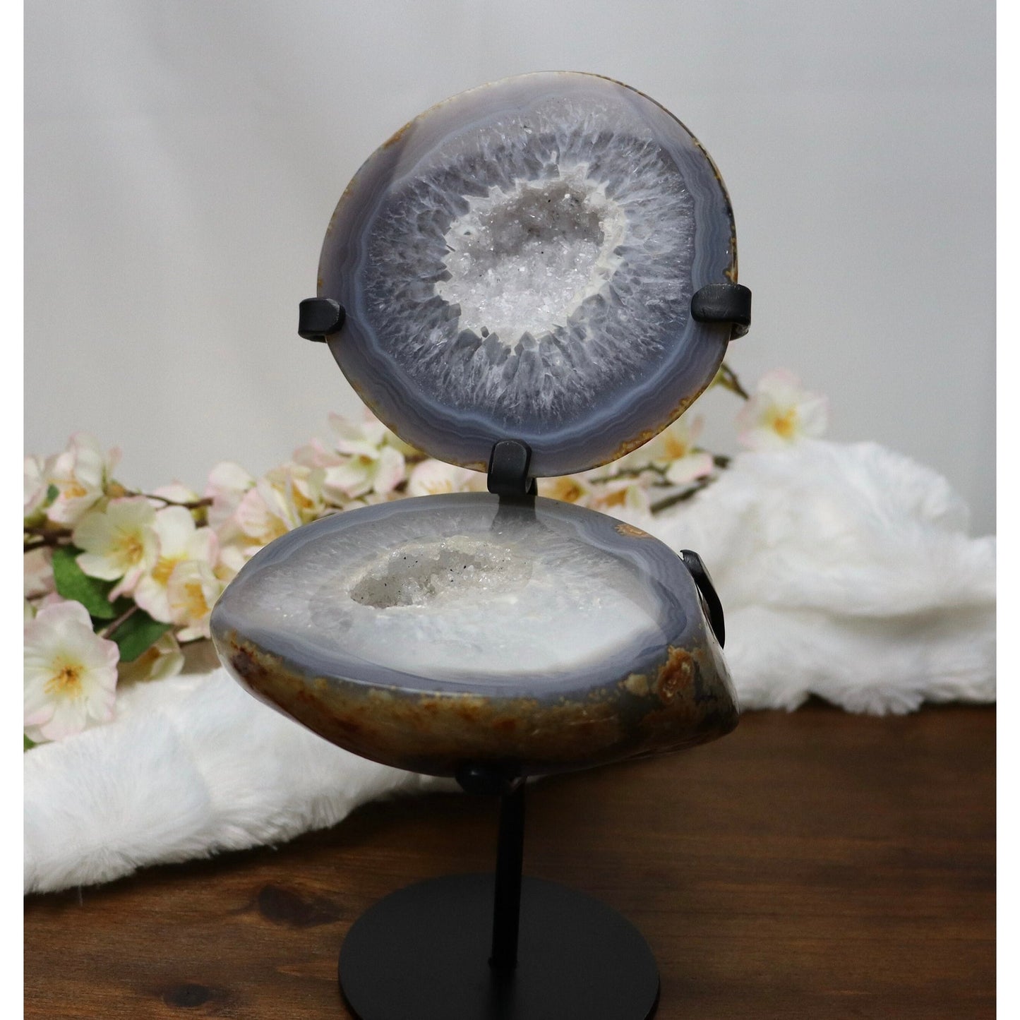 Druzy Agate Geode Pair on Custom Metal Stand from Brazil