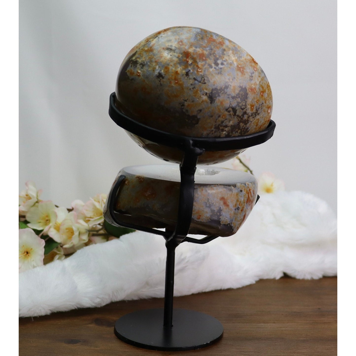Druzy Agate Geode Pair on Custom Metal Stand from Brazil