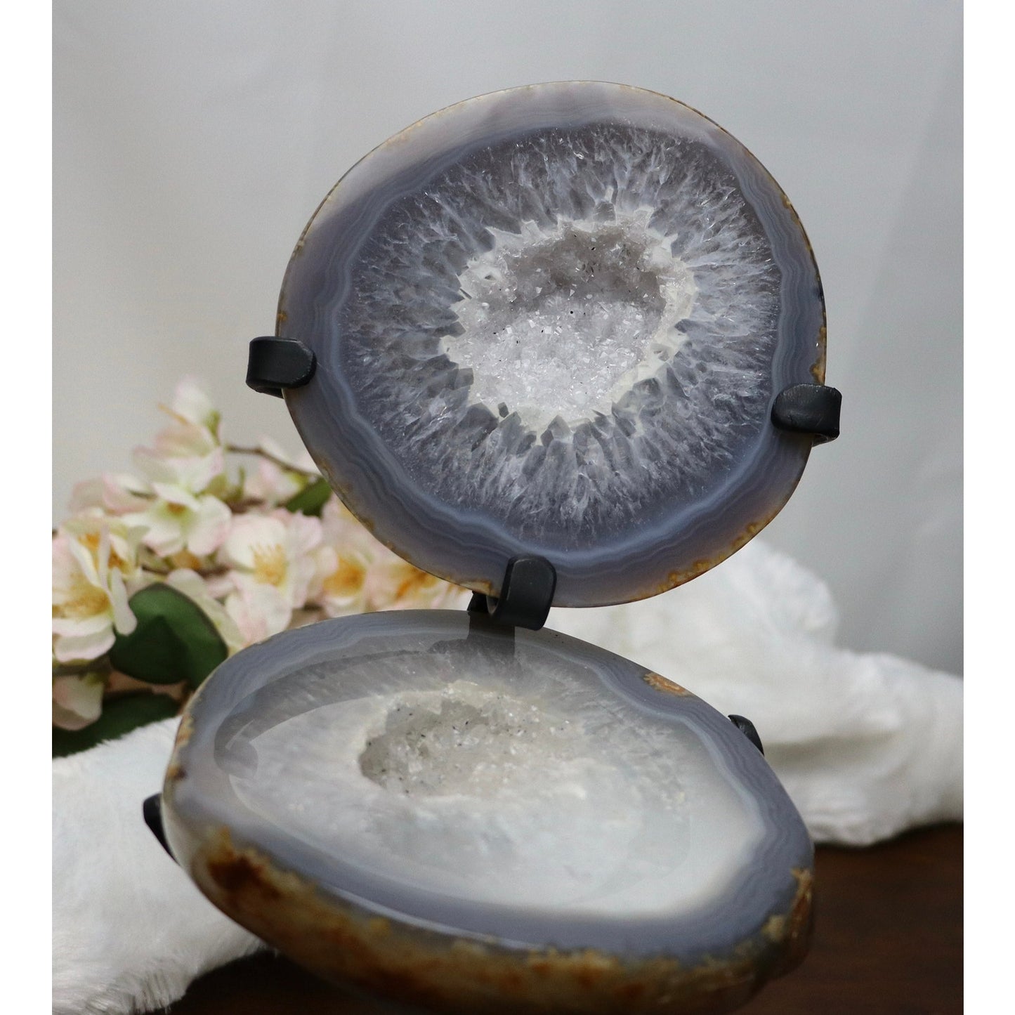 Druzy Agate Geode Pair on Custom Metal Stand from Brazil