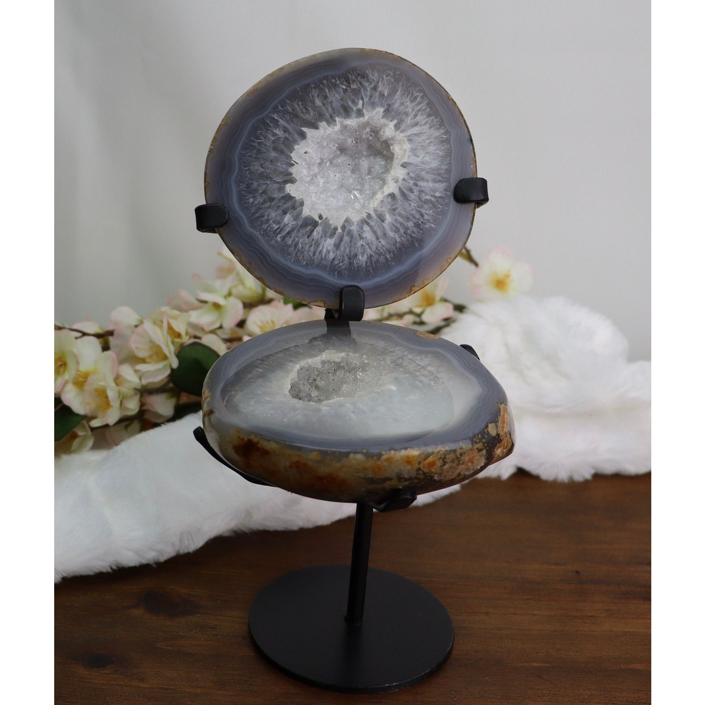 Druzy Agate Geode Pair on Custom Metal Stand from Brazil
