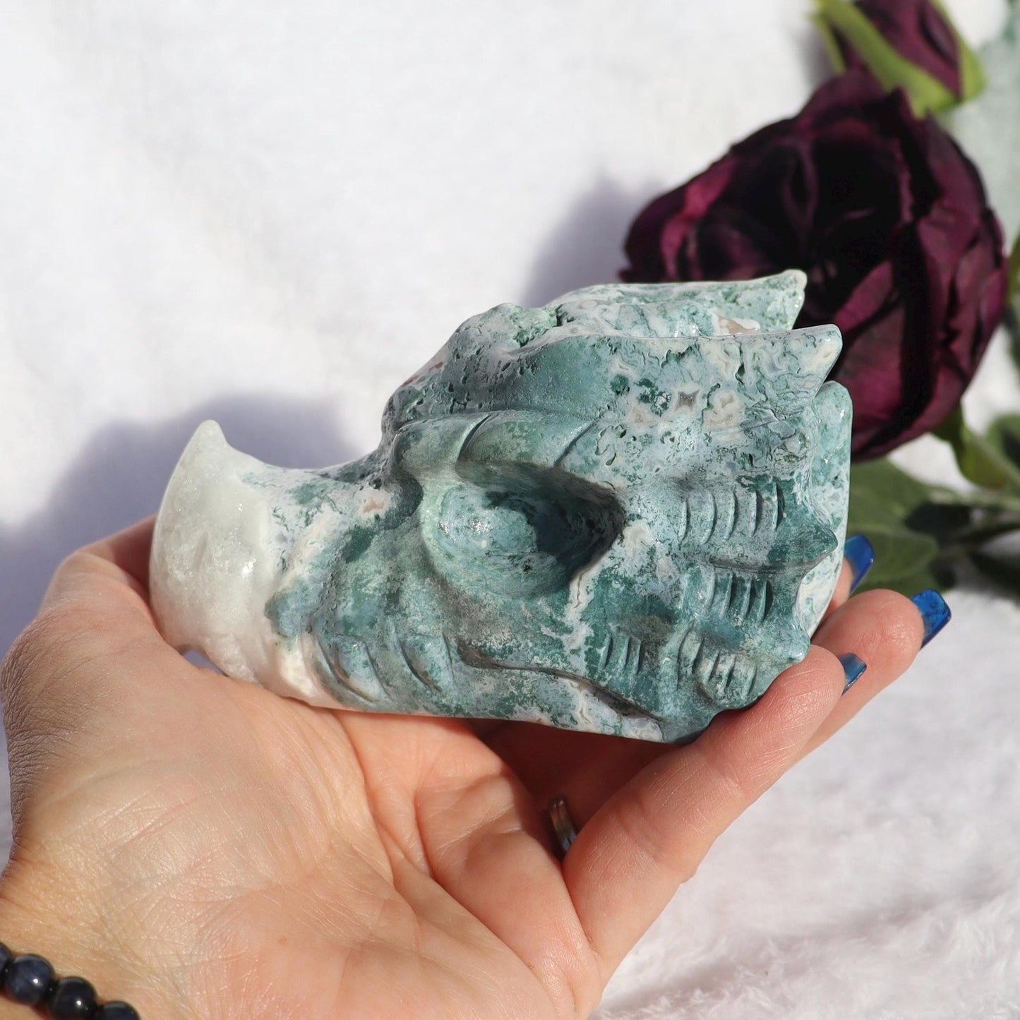Moss Agate Dragon Head Carving, Crystal Dragon Head