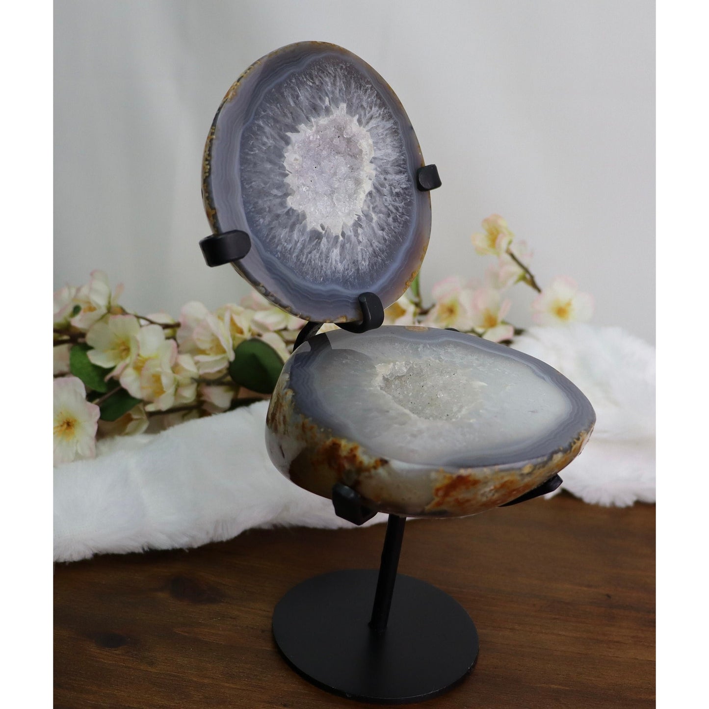 Druzy Agate Geode Pair on Custom Metal Stand from Brazil