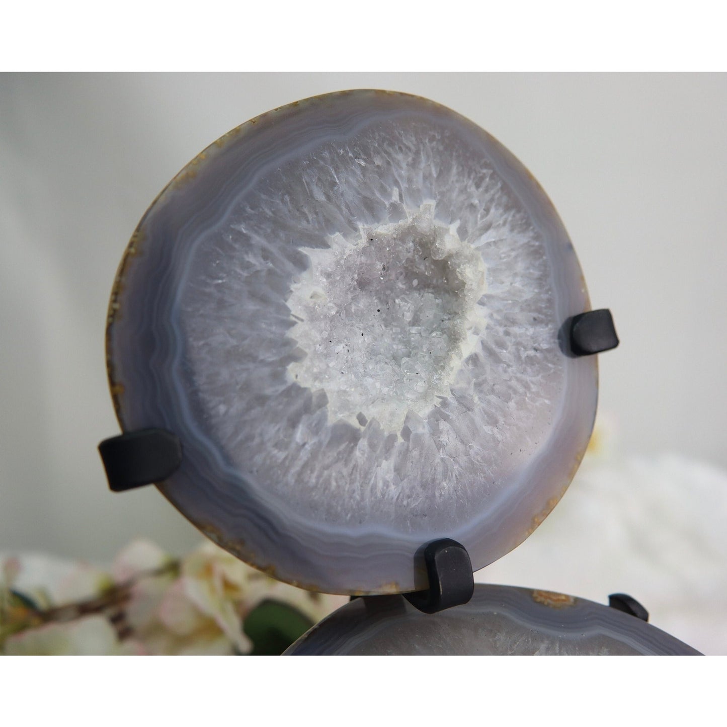 Druzy Agate Geode Pair on Custom Metal Stand from Brazil