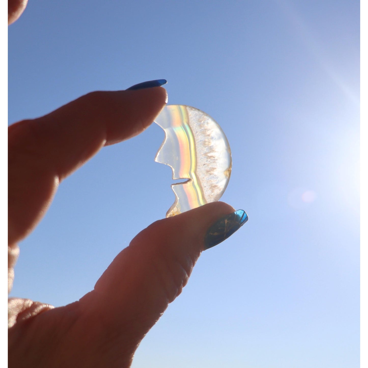 Rainbow Iris Agate Crescent Moon Face