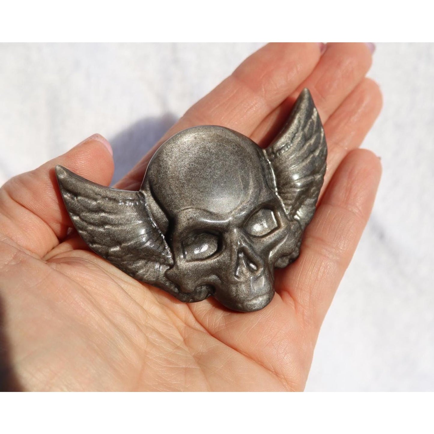 Silver Sheen Obsidian Skull with Wings