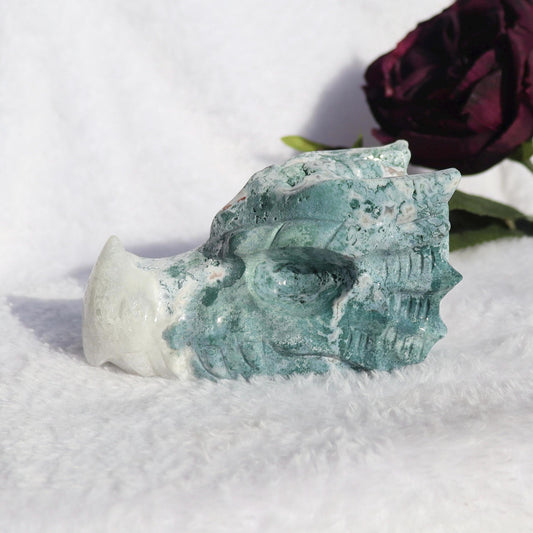 Moss Agate Dragon Head Carving, Crystal Dragon Head