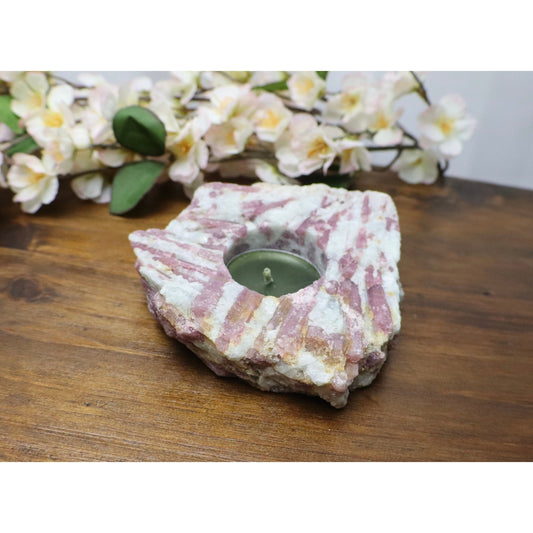 Natural Pink Rubellite Tourmaline in Matrix Tea Light Candle Holder