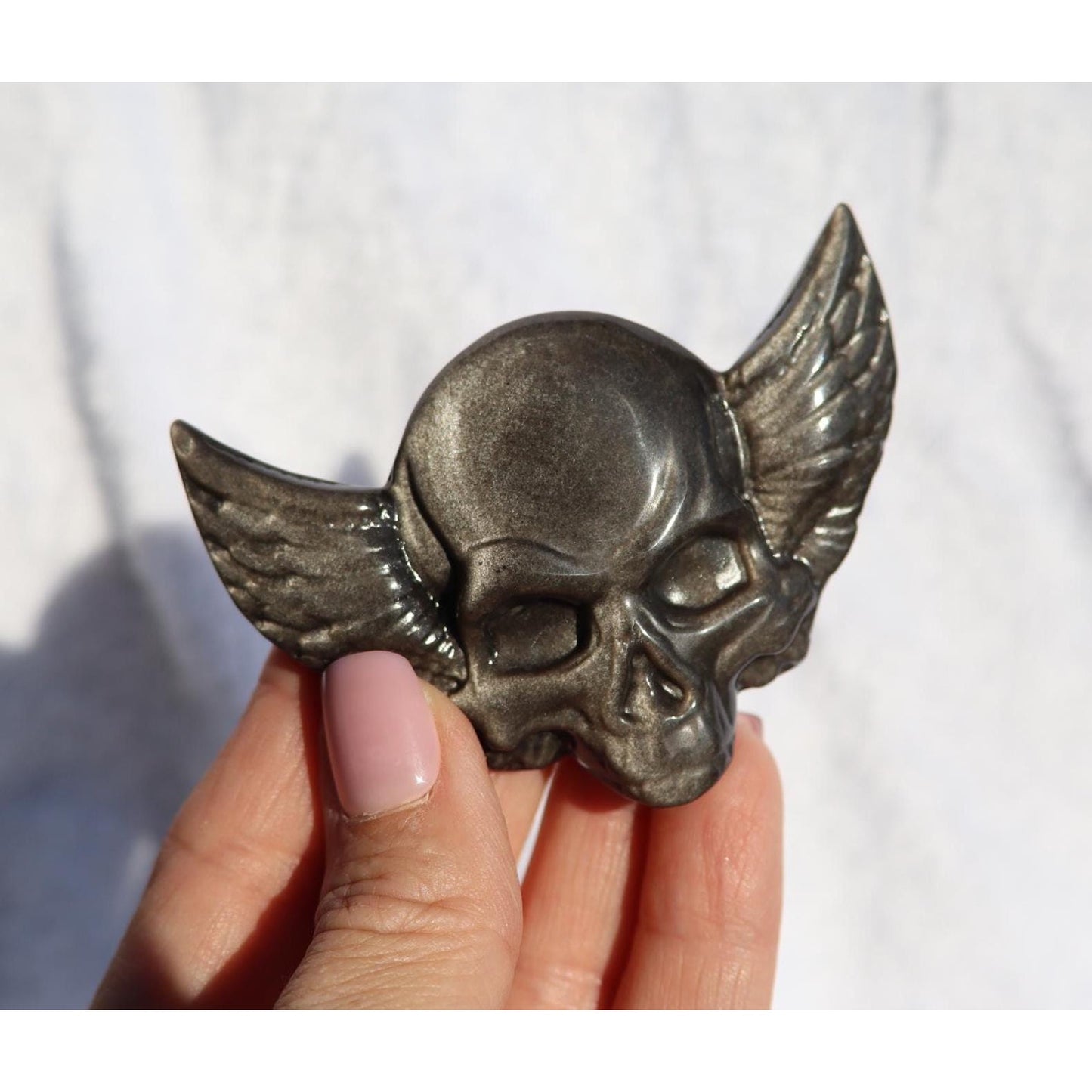 Silver Sheen Obsidian Skull with Wings