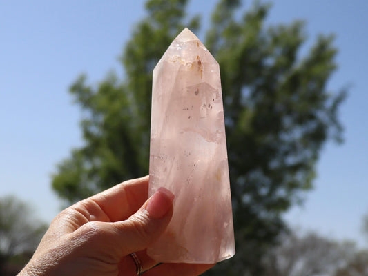 Rose Quartz Tower with Golden Healer and Pyrite - Rose Quartz With Rainbows - Gemmy Rose Quartz