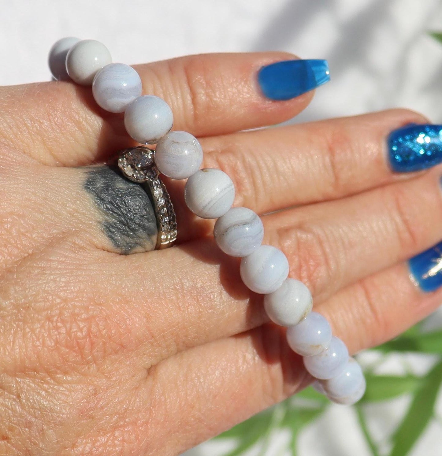 Blue Lace Agate Beaded Stretch Bracelets - Natural Stone Jewelry