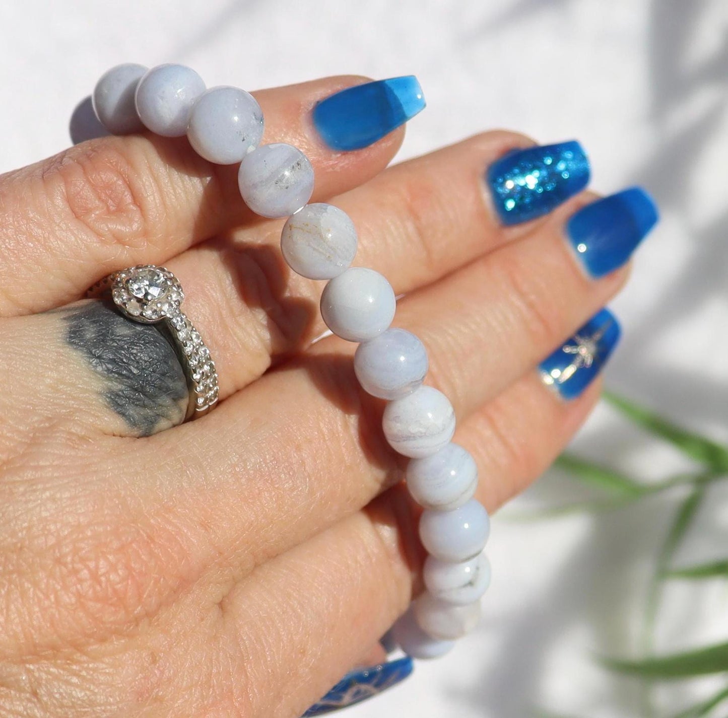 Blue Lace Agate Beaded Stretch Bracelets - Natural Stone Jewelry