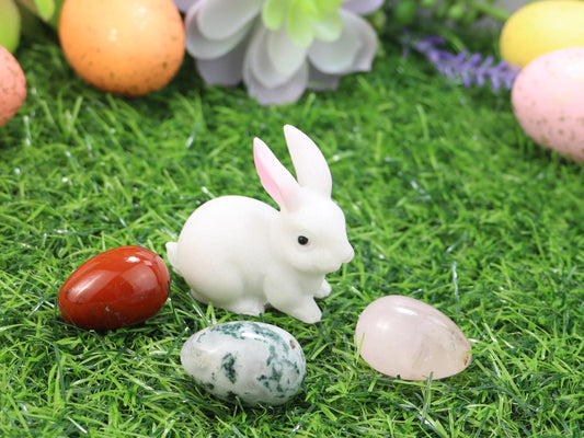 White Jade Bunny with Crystal Easter Eggs, Crystal Eggs, Crystal Easter Gift