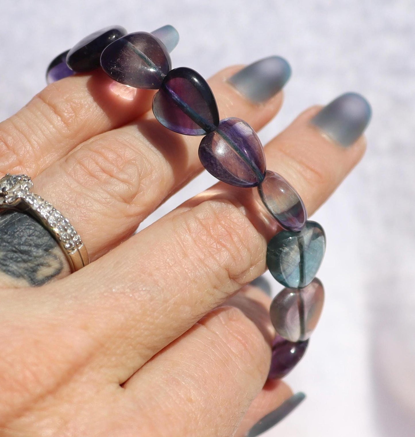 Rainbow Fluorite Heart Shaped Beaded Stretch Bracelet